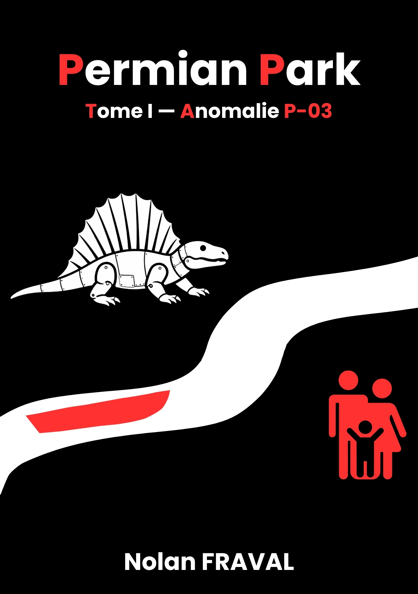 Couverture officielle de Permian Park : un Dimétrodon animatronique blanc, une rivière blanche et des pictogrammes rouges sur fond noir