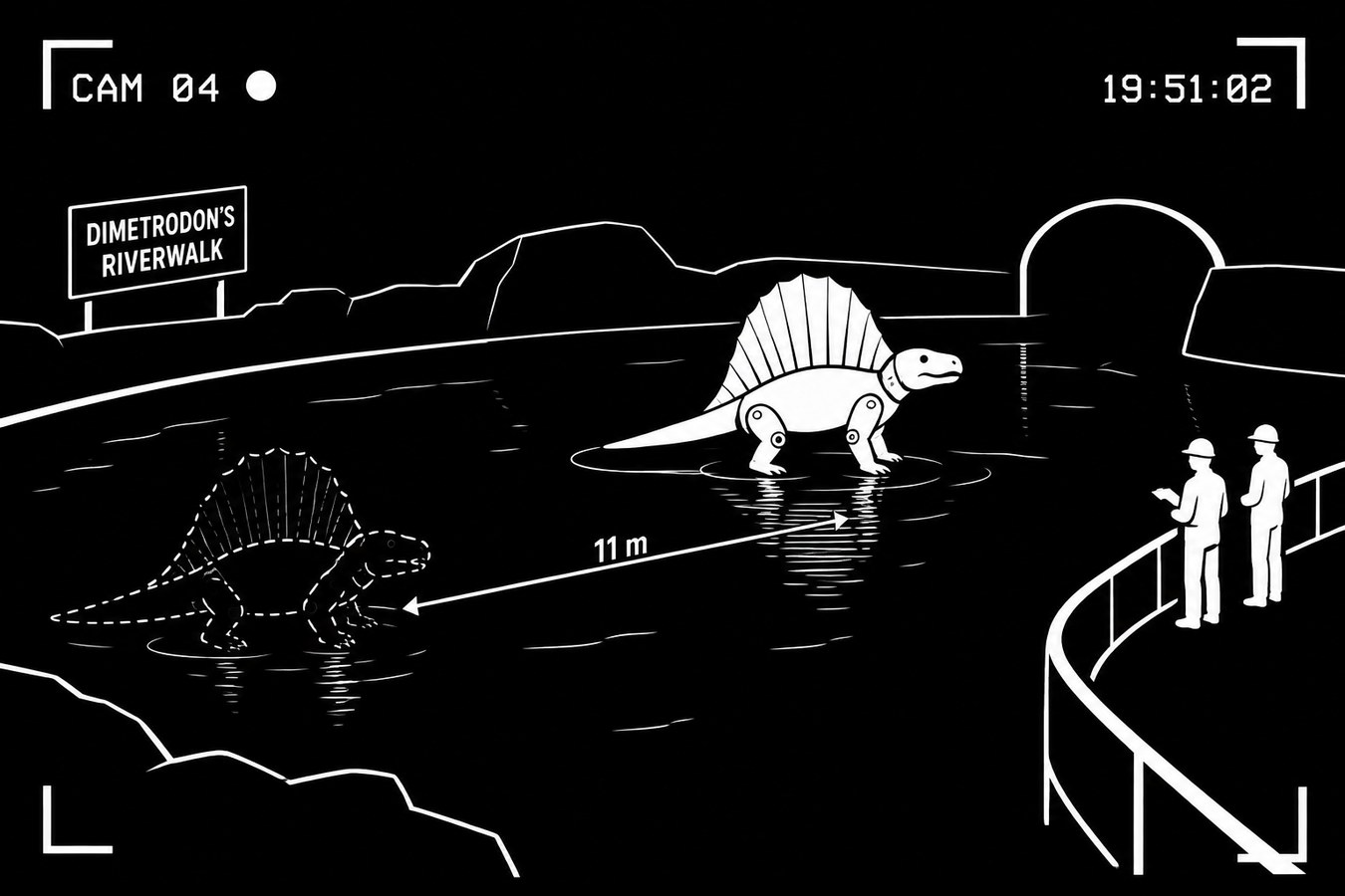 Illustration de surveillance : l'animatronique Dimétrodon apparaît déplacé de 11 mètres