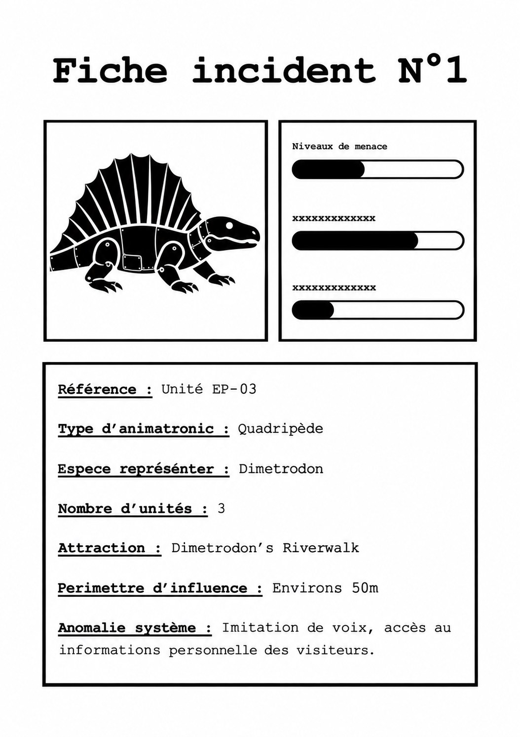 Fiche d'incident fictive dédiée au Dimétrodon EP-03